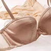 Mode Satin BH und Höschen Sets Frauen Sexy Dessous dünne Baumwolle Bügel Push-up Spitze BHs weibliche Unterwäsche Set A B C D Cup 211222