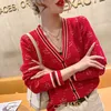 Women's Knitted Cardigan Contrast Color Stripe Crown Pattern V Neck Button Long Sleeves Thin Sweater Wholesale Female Clothes 210918