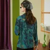 Pintura a óleo Botão superior verde para cima camisa Lapela de manga comprida blusa floral impressão solta outono roupas 210427