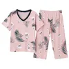 Duży rozmiar M-4XL Kobiety Piżamy Zestawy Soft Nightwear Lato Krótki Rękaw Piżamy Zwierząt Birld Print Sleepwear Kobiet Pijamas Mujer 210809