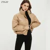 Winter Women Eleganckie Faux Skórzane Parki Kurtka Vintage Stojak Kołnierz Przycisk Zipper Casual Gruby Solid Capded Coat 210430