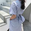Koreanische Frauen Sommer Baumwolle Blau Gestreiften Verband Split Langes Kleid Weibliche Lange Bodycon Plus Größe Vestido Robe Femme Ete Sukienki x0521