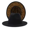 Cappello Fedora in cotone poliestere patchwork rosso e leopardato Cappello da donna unisex a tesa larga bicolore Jazz Cappello Panama Party Wedding