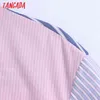 夏の女性ピンクの縞模様の作物ブラウスヴィンテージ半袖結び目裾の女性のシャツシックなトップスBE642 210416