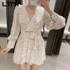 French vintage Print chiffon dress women sexy V-Neck long sleeve sashes slim Elegant A-Line dresses Spring Autumn 210427