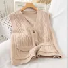 Autumn Spring V-neck Knitted Sweater Vest Female Twist Pocket Cardigan Sleeveless 210531