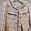 Vintage Plaid Weave Tweed Jacke Frauen Flare Langarm Perlen Patchwork Rüschen Wollmantel Elegante Outwear 210603