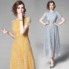 Summer Elegant Floral Lace Women Short Sleeve Stand Collar Evening Party Hollow Out Empire A-Line Long Dress 210416