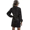 Mode vintage col en V à pois mini robe pour femmes automne mousseline de soie A-ligne noir à manches longues sexy robe élégante plein été 210508