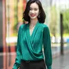 Wine Red Silk Shirt Women V Neck Design Chiffon Long Sleeve Fashion Satin Blouses Office Ladies Temperament Loose Work Tops 210604