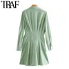 TRAF femmes Chic mode plissé ajusté Mini chemise robe Vintage à manches longues bouton-up femmes robes Vestidos Mujer 210415