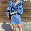Denim Kadın Seksi Mini Elbise Ruffles V Yaka Uzun Kollu Kovboy Rahat Gevşek Kot Kadın A-Line Elbiseler 210428