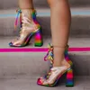 Clear Chunky heels Women Ankle boots Summer Sandals Sexy PVC Transparent Gladiator Sandals Cross Strappy Peep Toe Shoes 210427