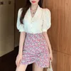 Summer 2 Piece Set Women Casual Puff Sleeve Shirt Blouse + Floral Mini Bodycon Skirt Sets Holiday Female Streetwear Suits 210514