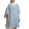 Navy Light Blue Solid Cross Strap Bow Collar Loose 3/4 Sleeve Denim Midi Dress Summer D0919 210514