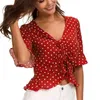 Mode Polka Dot Sommar Chiffonskjorta Kvinnor Kortärmad V-Neck Drawstring Vit Blus Kvinna Plus Storlek Top Kvinna Blusas 14592 210512