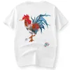 Chinese Style Embroidered Cock Men's T-shirt Summer Cotton Short Sleeve Hip Hop Casual Tees Tops