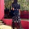 Self Portrait Sexy Perspective Mesh Floral Embroidery Dress Arrive Black Short Sleeve Vintage 210603