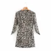 Mini abito da donna con pieghe a pieghe sulla spalla con stampa leopardata Abiti casual da donna con maniche a tre quarti Lady Slim Vestido D6751 210430