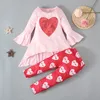 عيد الحب الربيع والخريف أطفال الفتيات الملابس مجموعة مضيئة كم أعلى + السراويل اثنين من قطعة الحب القلب نمط الزي M3991