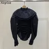 Fashion Pleated Turn-down Collar Design Women Blouse Autumn Solid Color Chic Shirts Elegant Flare Sleeve Blusas 210422