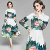 Mode Designer Tropical Jungle Floral Green Leaves Midi Kvinnor Långärmad Turn-down Collar Slim High Waist Vintage Dress 210416