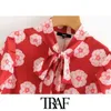 TRAF Mulheres Chique Moda Floral Impressão Mini Vestido Vintage Laço Vintage Collar Manga Curta Vestidos Femininos Vestidos Mujer 210415