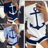 T-shirt à manches longues pour femmes d'été et shorts femme bleu marine costume de sport ancre impression deux pièces ensemble plus taille s-xl 210527