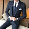 Homens vestido de noiva traje formal ternos azul xadrez fino fino jaquetas + colete + calças tamanho grande novo macho único ternos de peito x0909