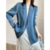 Blue Satin Blazer dla kobiet Cienkie lato Dorywczo opasane Luźne Dopasowanie Długiego Rękawów Kurtka Bleizer de Mujer 210608