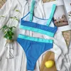 Ingaga Wysoka talia bikini stroje kąpielowe Bandeau Stroje kąpielowe Kobiety Łączenie Biquini BeachWear Sport Ribbed Kostiumy kąpielowe 210630