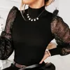 Chemisier noir pour femmes perle perlée haut à manches en maille dames chemises longues élégant vêtements pour femmes hauts et chemisiers # g1 chemisiers pour femmes