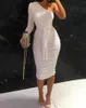 Mode élégante Sexy femmes blanc Cocktail fête Slim Fit robes une épaule ceinturée ruché conception moulante robe mi-longue Y1006