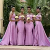 2022 Sexy African Różowy Długie Suknie Druhna Off Ramię Overtkirts Satin Mermaid Wedding Guest Wear Party Dress Plus Size Maid of Honor Suknie