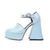 Sandels Pu Patent Leather Round Toe Two Pieces Womans Shoes Blue Pink Pumps Black Heels Platform Girls Chunky Hoof High Heeled Sandals 220303