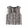 Tweed Plaid Waistcoat Kvinnor Vest Vintage Square Neck Ärmlös Kvinna Mode Frayed Trim Chic Crop Top 210519