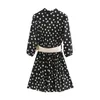 Vintage Polka Dot Plised Mini Dress z paskiem muszki kołnierz Eleganckie Party Kobiet Z Długim Rękawem Casual Es Vestido 210515