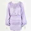 Satin Purple Vintage Bodycon Party Robe Femmes Bouton Lanterne Manches Night Club Mini Ruché Robes d'hiver 210427