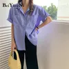 Striped Shirts Female Blue Oversized Style Leisure High Street Pockets Spring Summer Short Sleeve Blouses Girls Blusas 210506