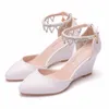 Spring Pointed Toe Wedge High Heel Lace Sandals Tassel Pearl Party Dress Women Large Size Bride Bridesmaid Wedding Shoes