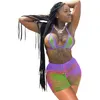 Colorful Hollow Out See Through Mesh Two Piece Outfits Women Sets Clothes Black Girl Bra Top Biker Shorts Lounge Wear 210525