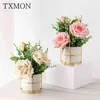 Nordic Simulation Flower Set Keramiska Golden Vase Rose Blommor Konstgjorda Växter Potted Home Party Villa Vardagsrum Dekoration 210706