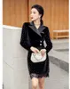 Fashion Women Two Piece Set Dot Velvet Long Sleeve Black Jacket + High Waist Lace Patchwork Mini Skirt Suit 210519