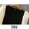 Women Fashion Patchwork Cropped Knitted Blouses Vintage Puff Sleeve Back Bow Tied Female Shirts Chic Tops 210507