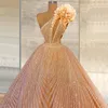 Luxuriöse Champagner-Abschlussballkleider mit einer Schulter, wunderschöne Rüschen, glitzernde Pailletten, Abendkleid, Couture, Dubai, arabische Promi-Kleider, Vestido de Novia CG001