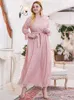 Opruiming Sweet Pink Lace Elegante lange jurk Plus maat Mandarijn Kraag Flare Sleeve Maxi -jurken Avondfeest Spring 2021 Casual