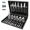 Presente de madeira Box 24PCS Faqueiro Aço Jantar Set Aço Inoxidável polonês do espelho Define Louça Talheres Louça 211108