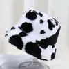 Wide Brim Hats Cow Print Bucket Hat Winter Faux Fur Plush For Women Outdoor Warm Sun Female Lady Soft Fisherman Panama Cap2529