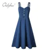 Sommar eleganta kvinnor denim sundress vintage blå lång en linje kvinnlig jeans klänning 210415
