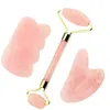 3 pièces/ensemble Quartz Rose naturel Gua Sha Jade rouleau de Massage du visage Jade naturel Guasha conseil outil de grattage Massage du corps Relaxation